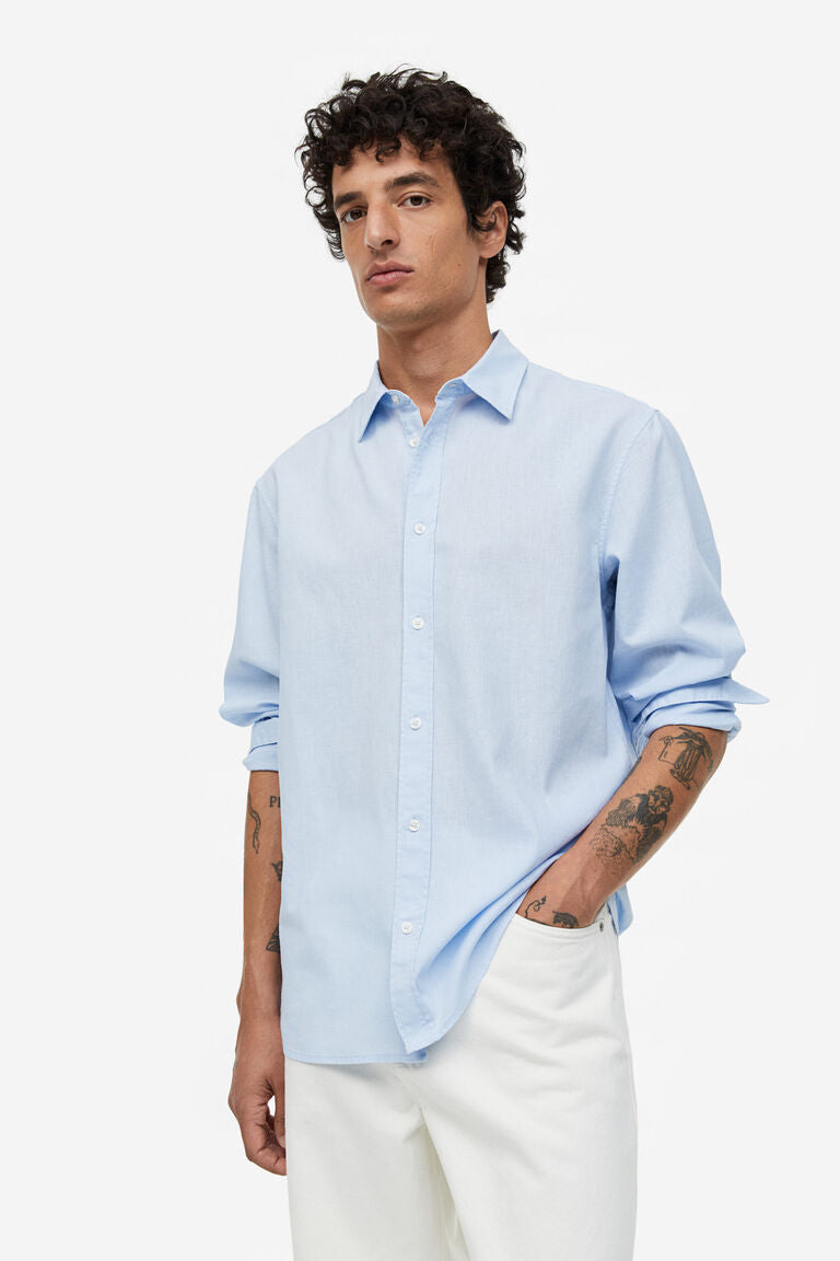 H&M Regular Fit Linen Blend Shirt Skyblue