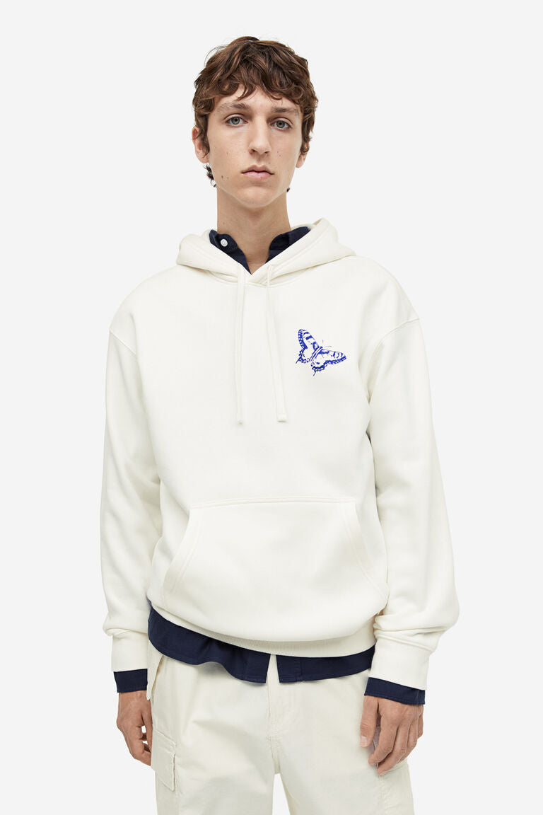 H&M Relaxed Fit Printed Hoodie White/Butterfly
