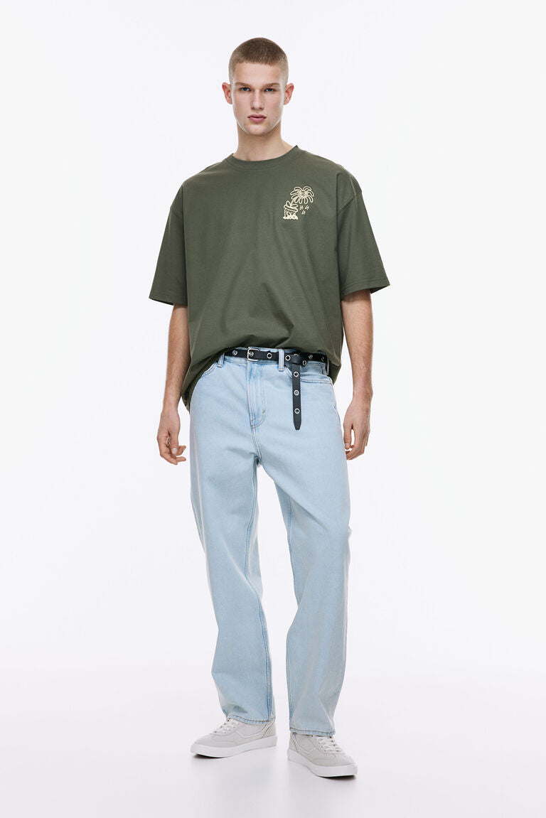 H&M Oversized Fit Printed T-shirt Khaki green/Hardcore