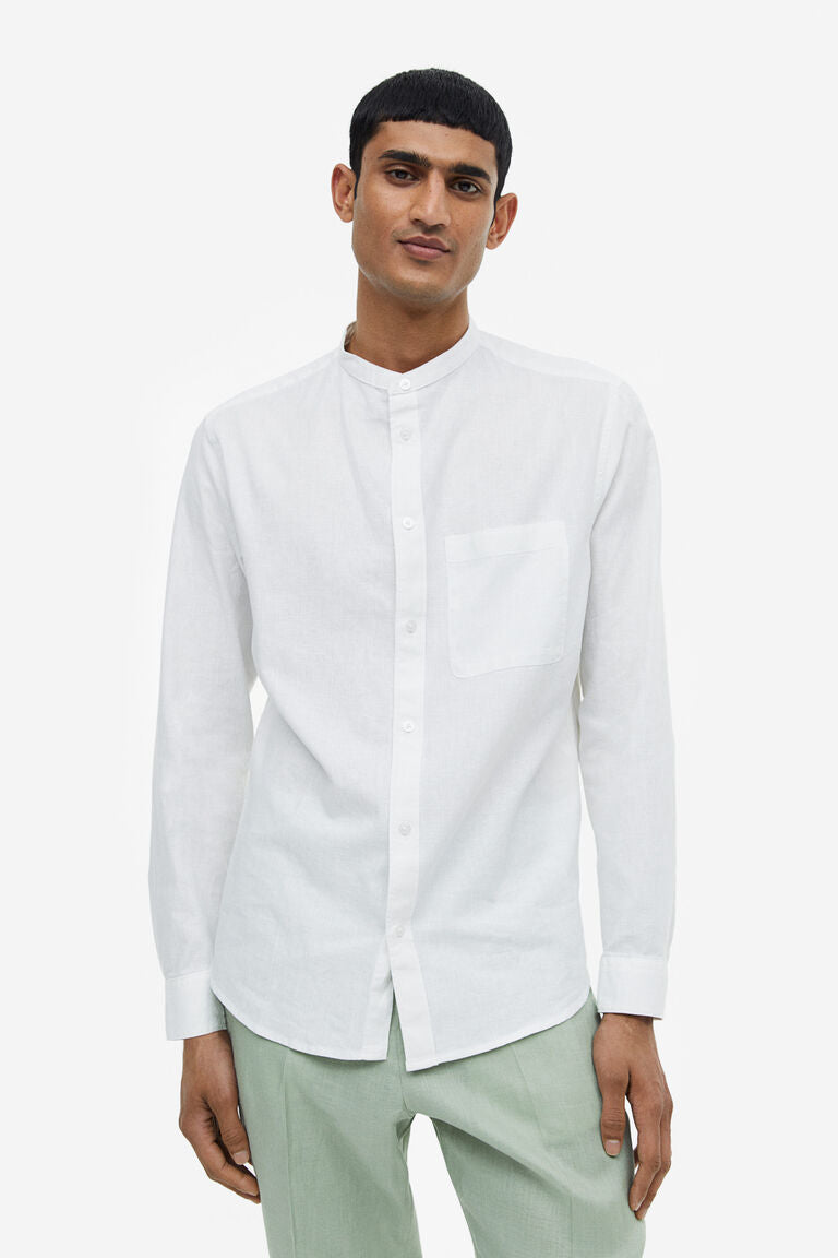 H&M Regular Fit Linen-blend Grandad Shirt White