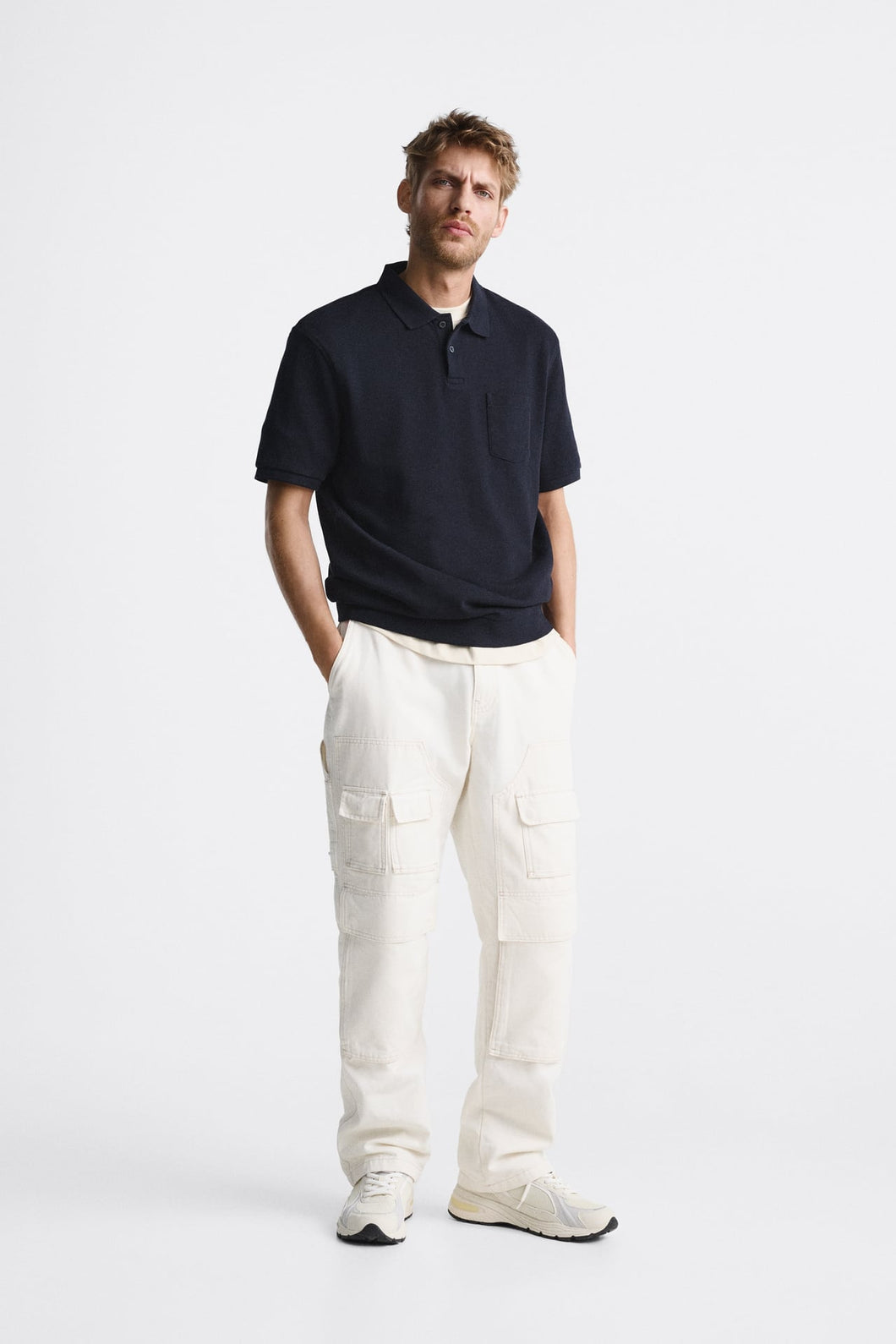 Zara Textured Polo Shirt Navy
