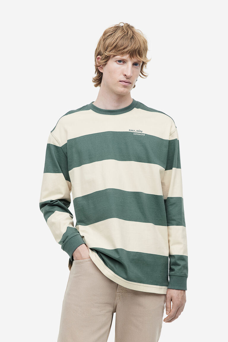 H&M Relaxed Fit Jersey Top Green/Cream striped