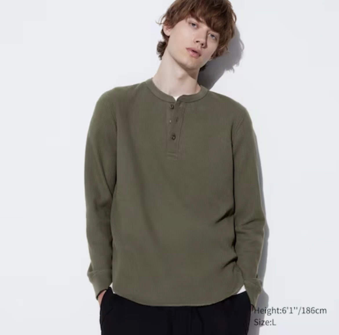Uniqlo Waffle Henley Neck Long Sleeve T-Shirt - Main Image