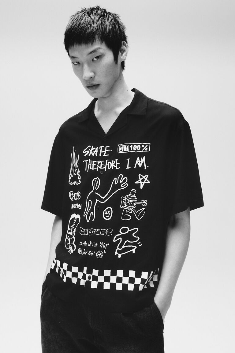 H&M Loose Fit Printed resort shirt Black