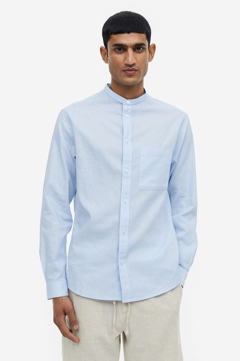 H&M Regular Fit Linen-blend Grandad Shirt Skyblue