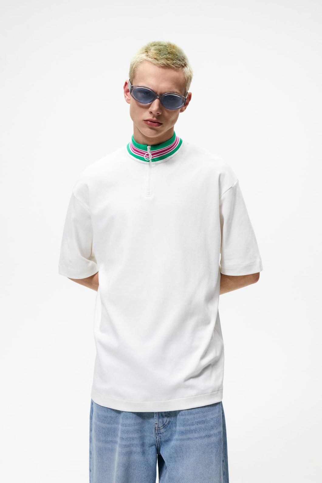 Zara High Neck Polo Shirt with Zip White