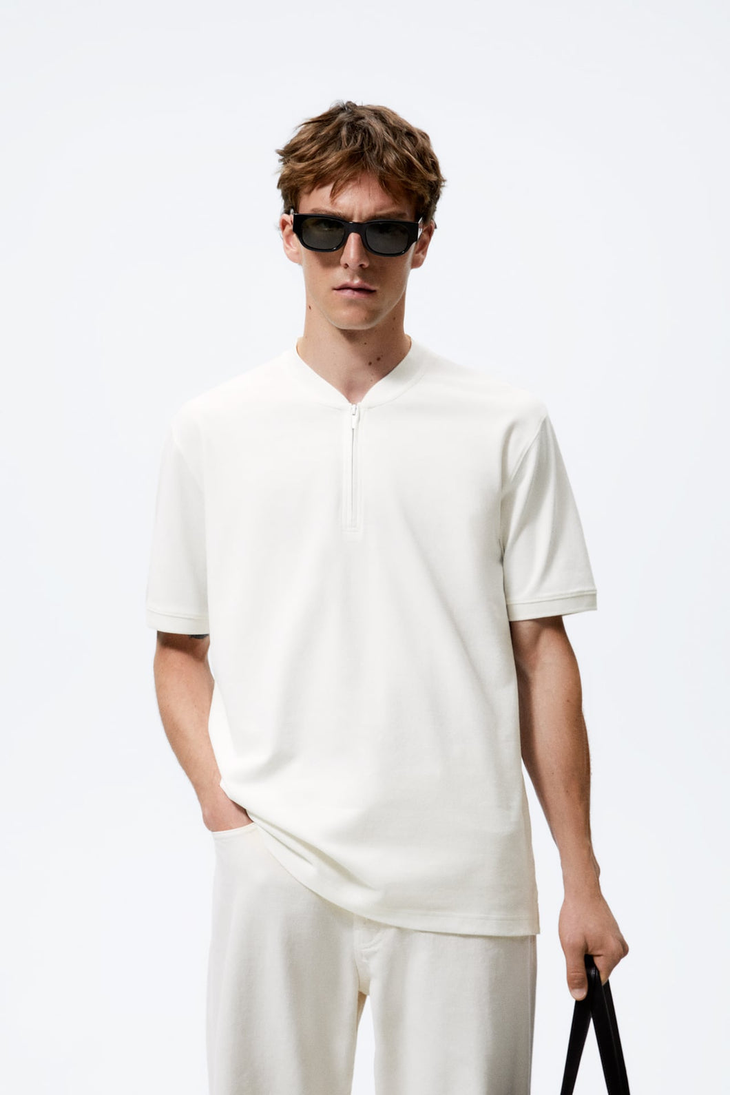 Zara Textured Weave Polo Shirt Oyster White