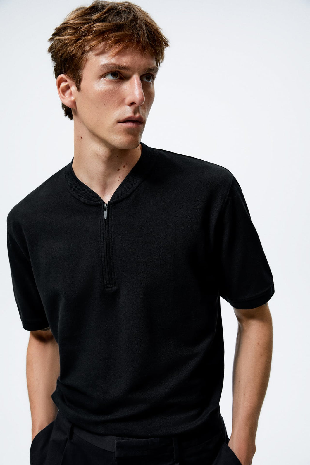 Zara Textured Weave Polo Shirt Black