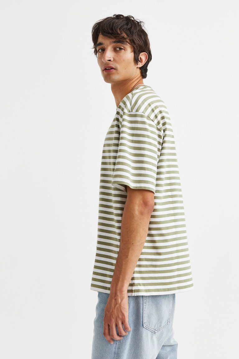 H&M Relaxed Fit Cotton T Shirt Green Striped